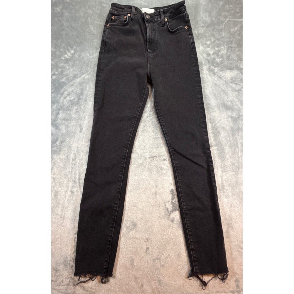 Zara Women High Rise Skinny Jeans Black Raw Hem Size 4 26, Grunge Denim Urban